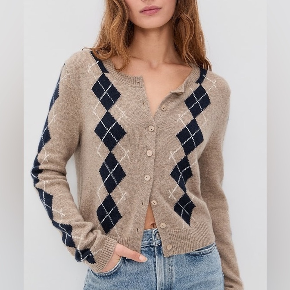 🧸 Reformation clara cardigan cashmere argyle sweater Cashmere Cardigan Sweater